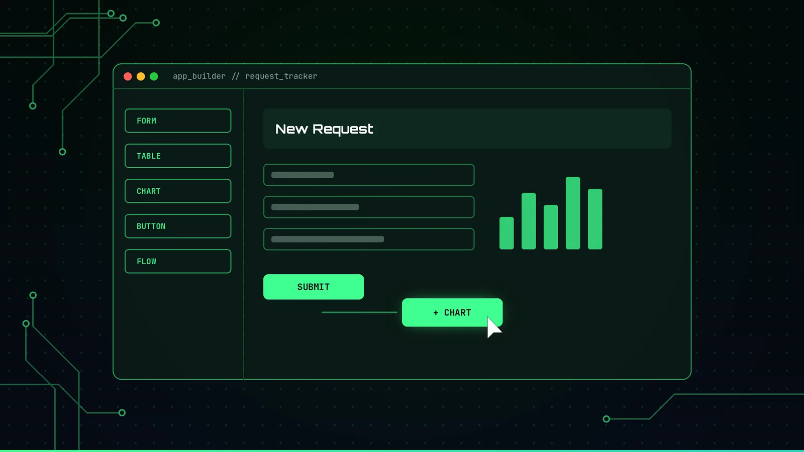 App builder interface with drag-and-drop components
