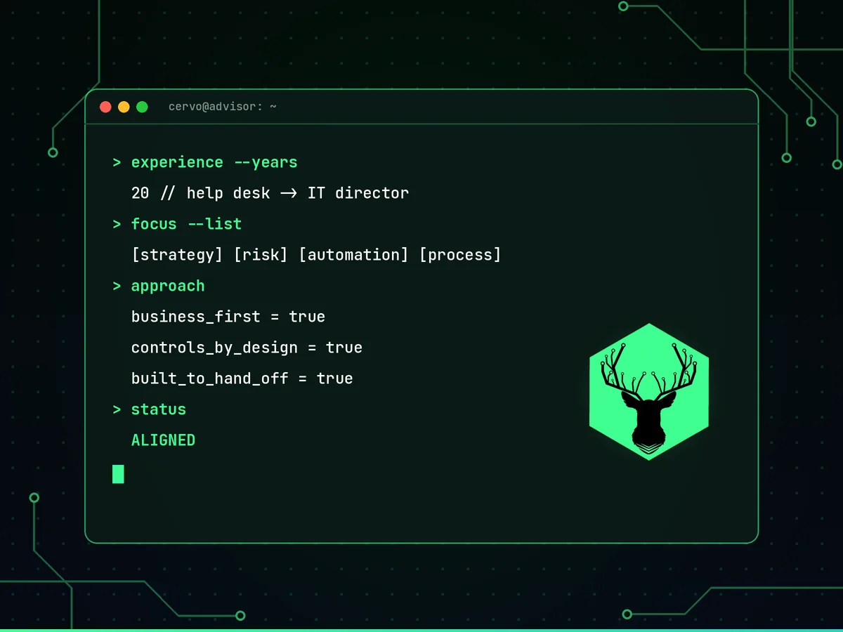 Terminal window summarizing Cervo Analytics experience and approach